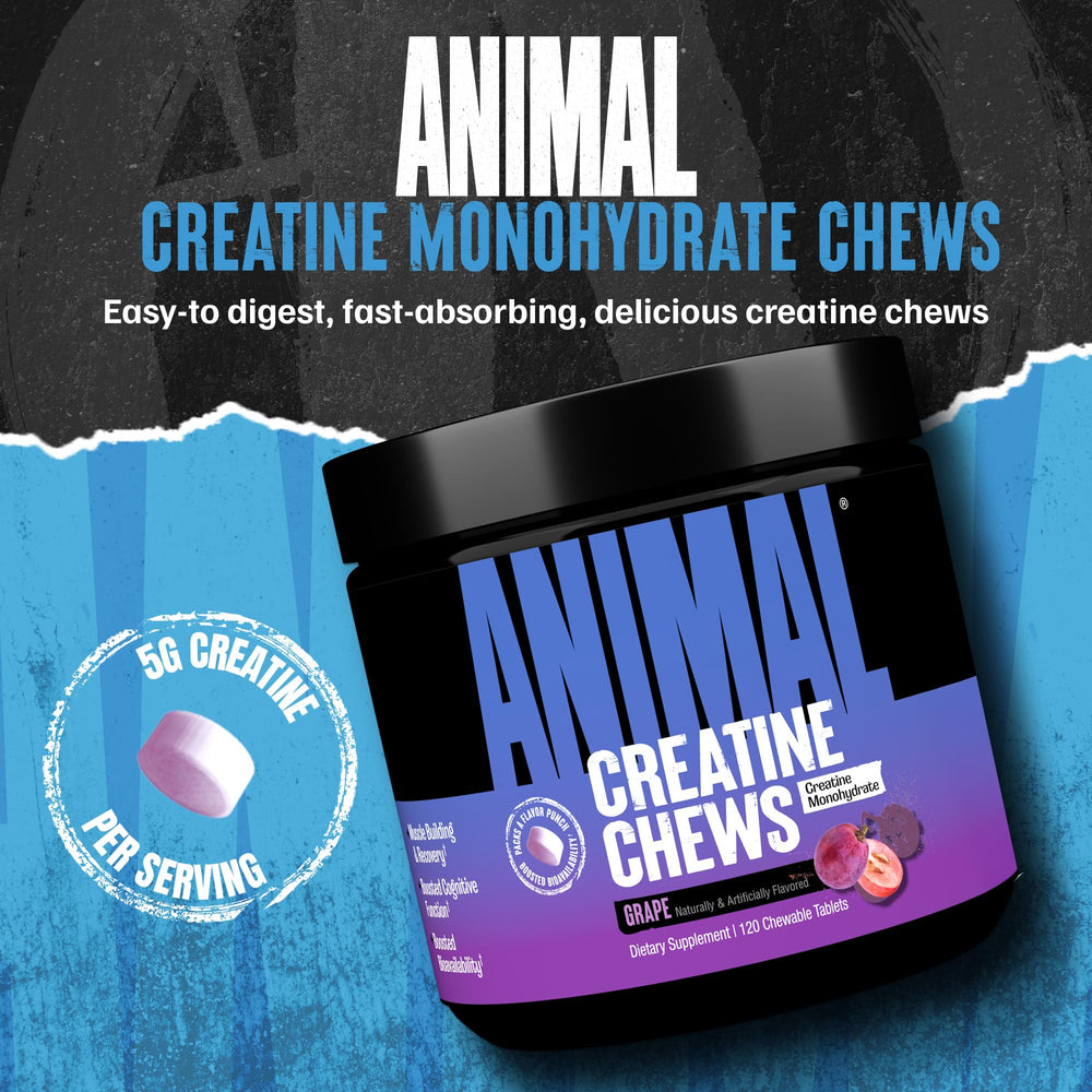 Close-up of Animal Creatine Chews grape tablets for convenient pre/post workout use