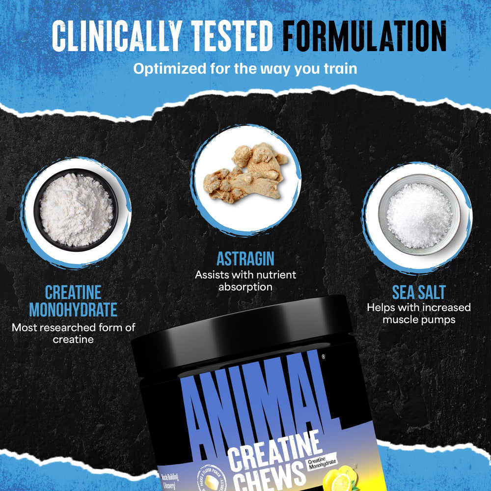 Animal Creatine Chews Lemon Ice gym bag scene signals on-the-go performance