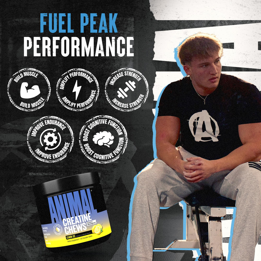 Animal Creatine Chews Lemon Ice open tablets image highlights precise dosing and mess-free use
