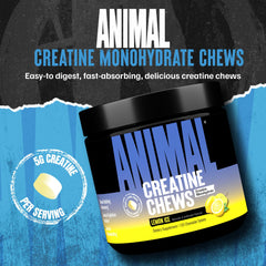 Animal Creatine Chews Lemon Ice tub side emphasizes enhanced absorption with AstraGin for better uptake