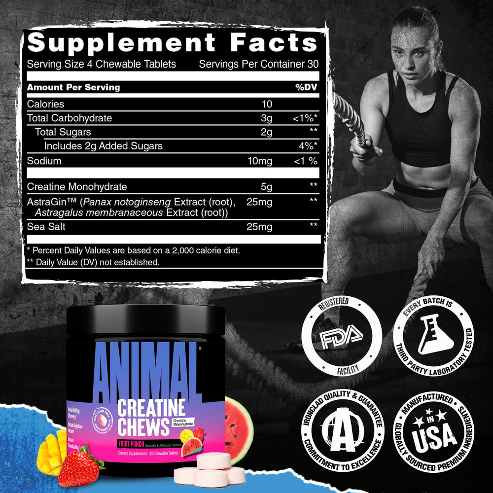 Travel-friendly tub of Animal Creatine Chews for gym bags