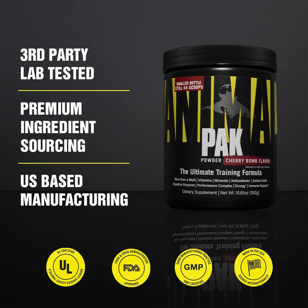 GMP-certified facility and third-party testing badge for Animal Pak
