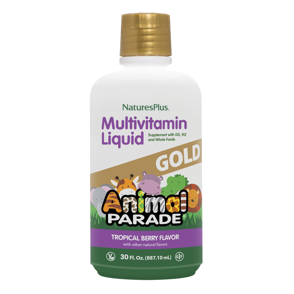 Front view of NaturesPlus Animal Parade Gold Kids Liquid Multivitamin tropical berry 2-pack bottles