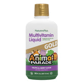 Front view of NaturesPlus Animal Parade Gold Kids Liquid Multivitamin tropical berry 2-pack bottles