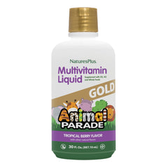 Front view of NaturesPlus Animal Parade Gold Kids Liquid Multivitamin tropical berry 2-pack bottles