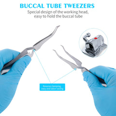 Side view of stainless steel orthodontic tweezers (14 cm length)