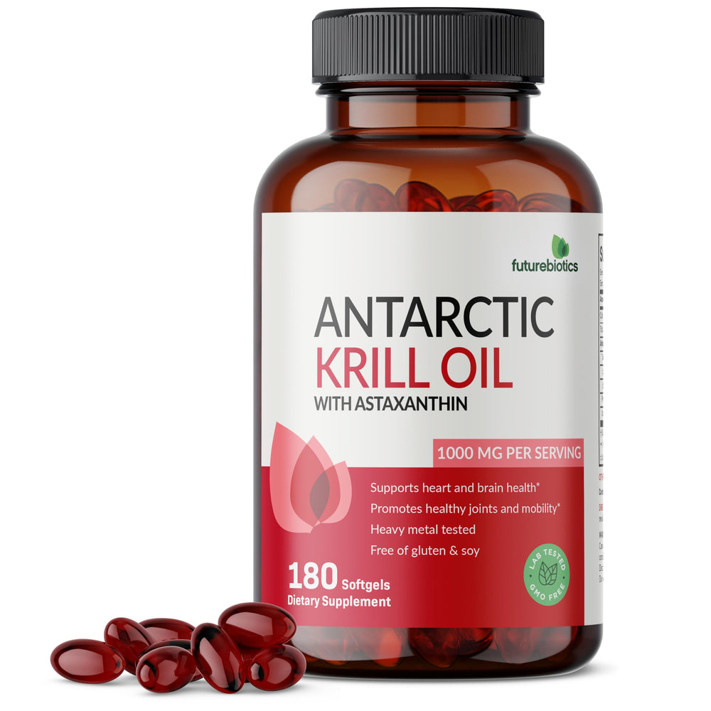 Futurebiotics Antarctic Krill Oil bottle showing 180 softgels