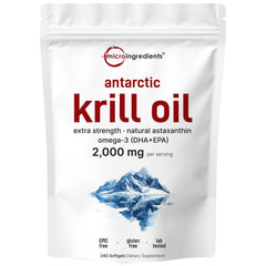 Antarctic krill oil softgels bottle label showing 2000mg per serving