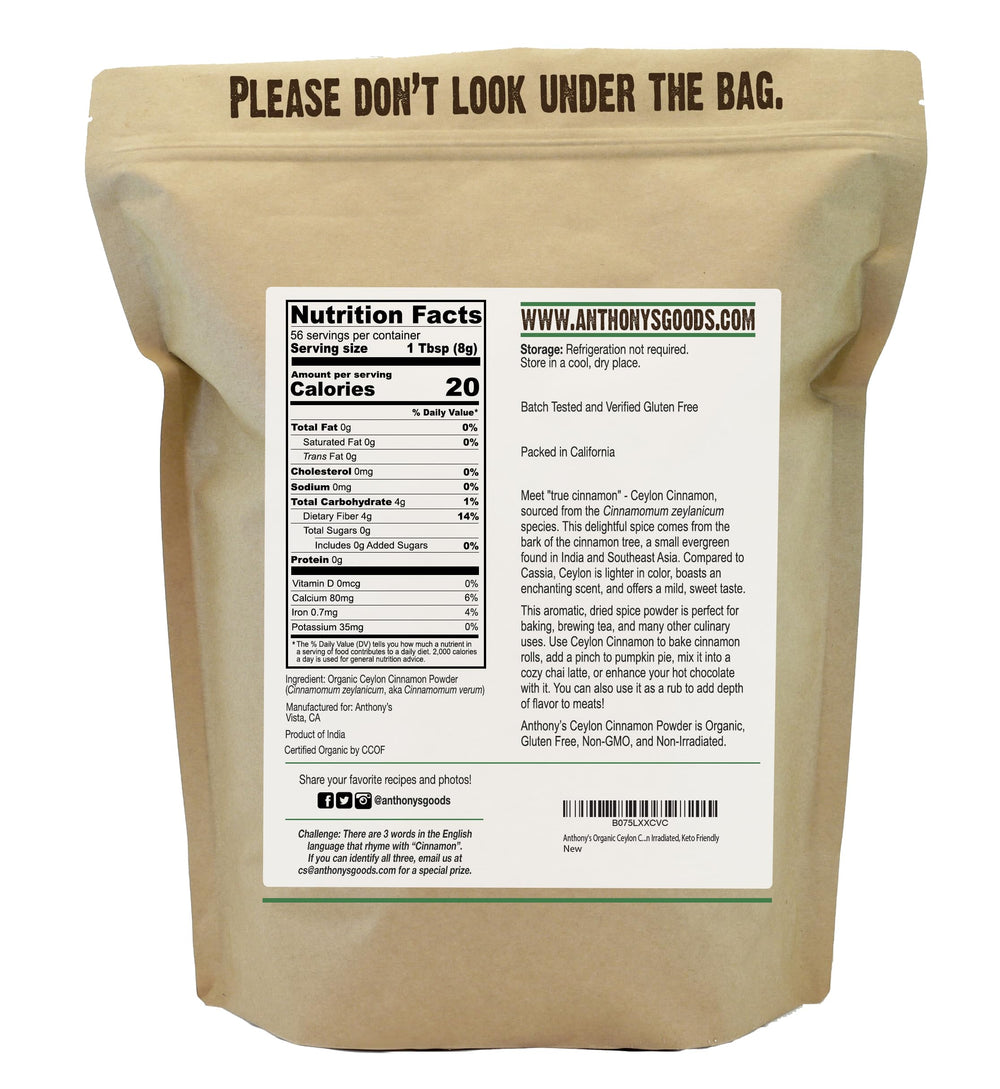 Packaging of Anthony's Organic Ceylon Cinnamon Powder 1 lb