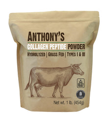 Anthony's Collagen Peptide Powder tub close-up, tasteless protein boost for coffee and smoothies.