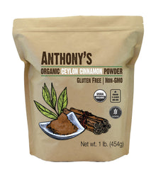 Anthony's Organic Ceylon Cinnamon Powder jar packaging highlights purity and gluten-free quality.