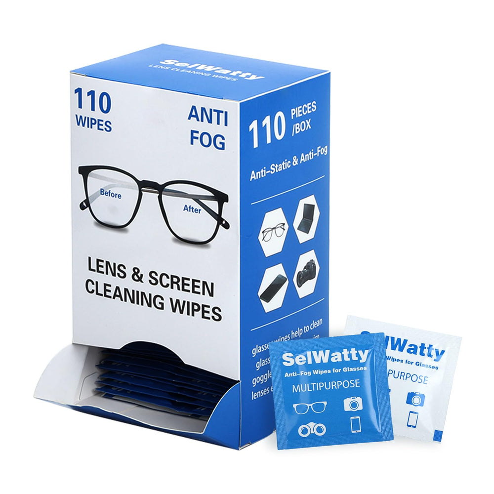 Packaging of 110-count anti-fog wipes for glasses