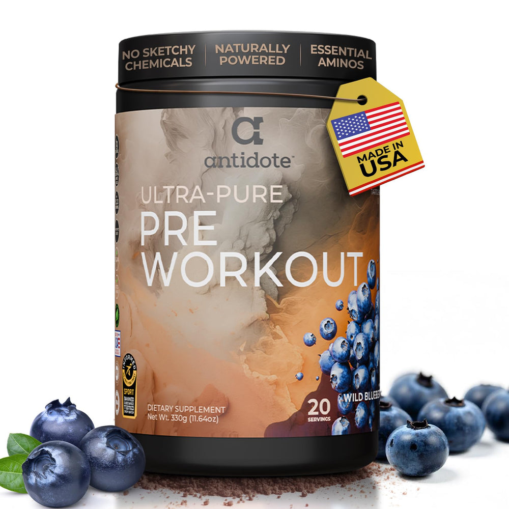 Antidote Clean Pre-Workout wild blueberry bottle promotes clean energy for workouts