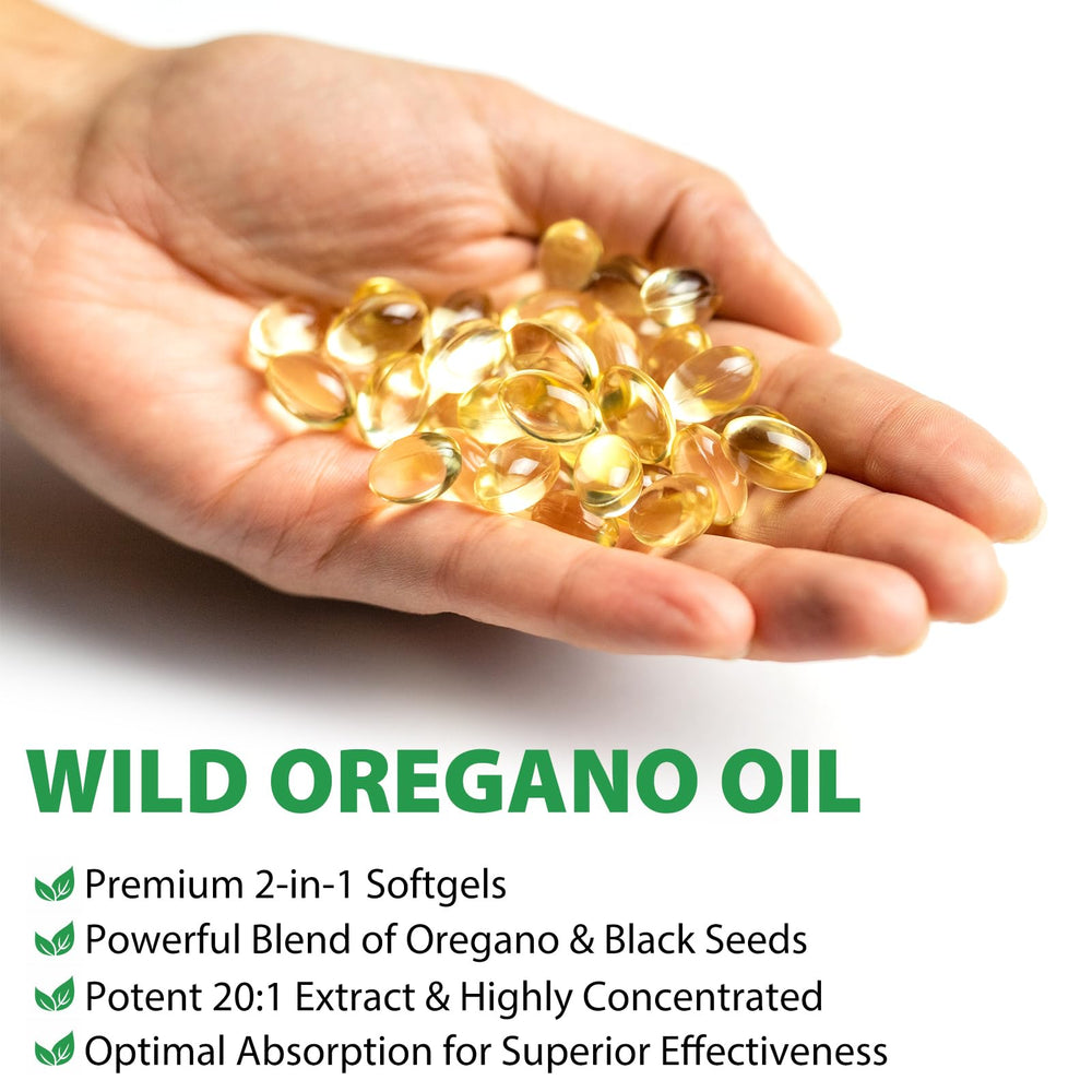 Antioxidant-rich formula bottle of oregano and black seed oil capsules