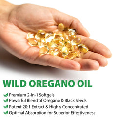 Antioxidant-rich formula bottle of oregano and black seed oil capsules