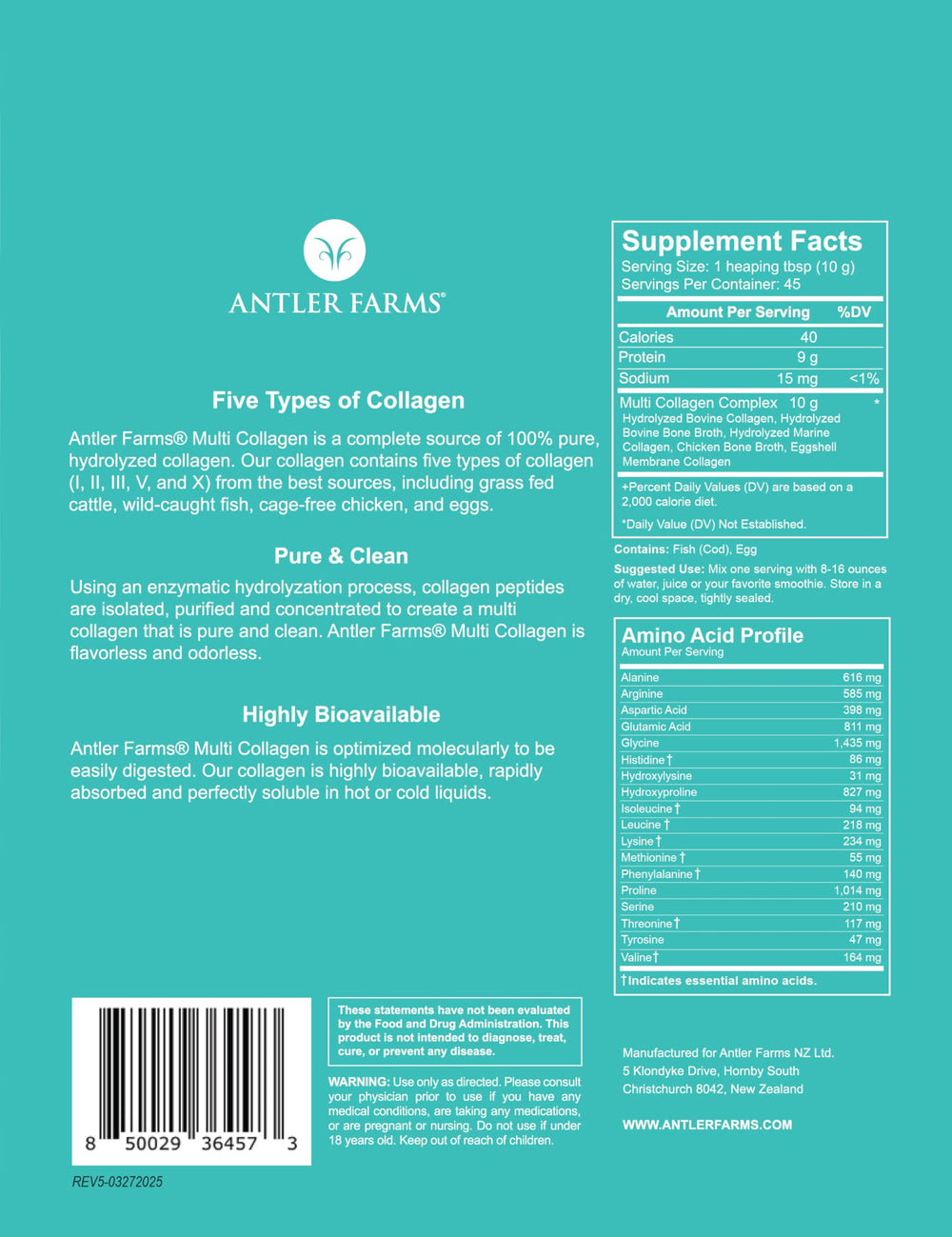 Back nutrition label of Antler Farms Multi Collagen Protein Powder 1 lb