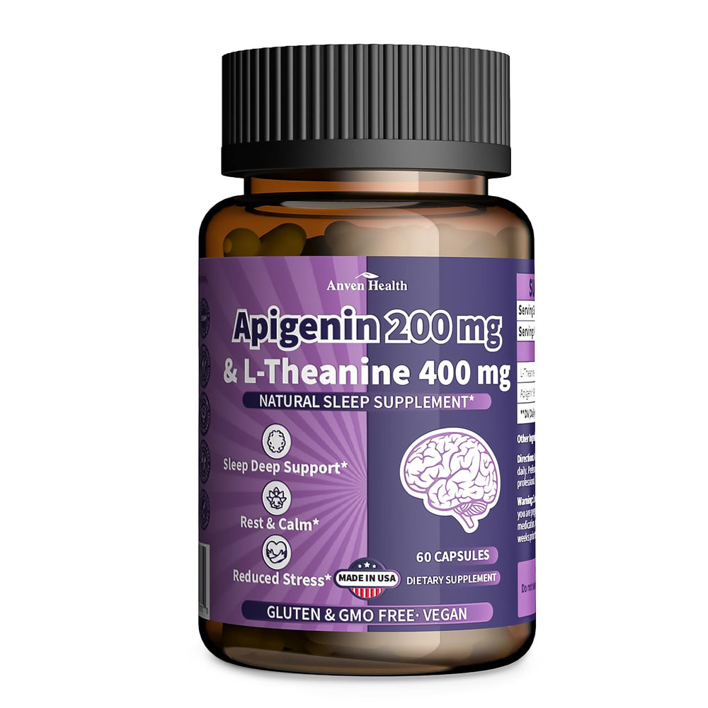 Bottle of Anven Health 400mg L-Theanine + 200mg Apigenin sleep supplement, 60 veggie capsules