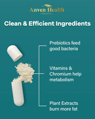 Ingredient chart featuring Akkermansia, prebiotics, and vitamins