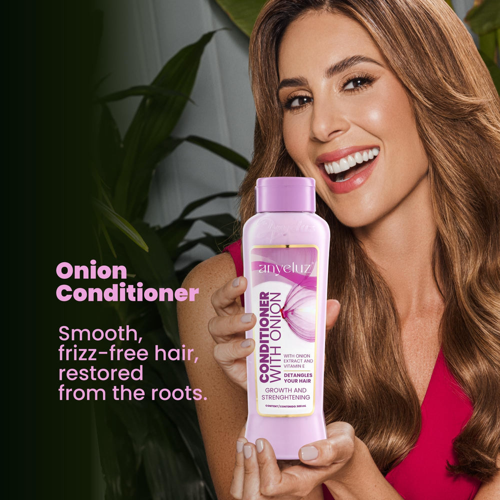 Close-up of the ANYELUZ Onion Conditioner bottle label featuring Vitamin E