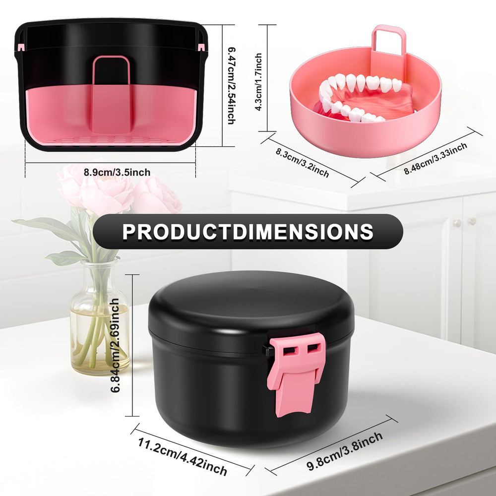 Opened denture cup showing inner basket in black and pink
