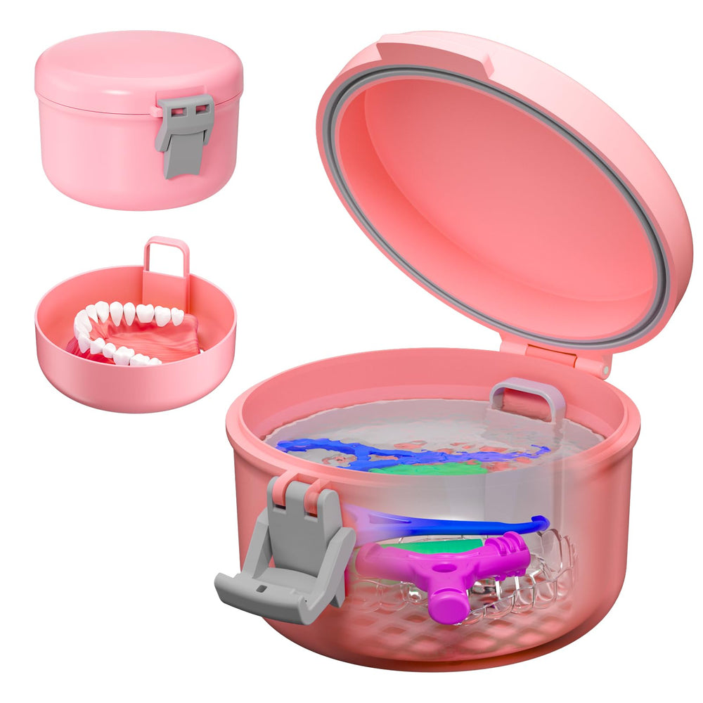 ANYLEY leak-proof denture case in pink and silver gray