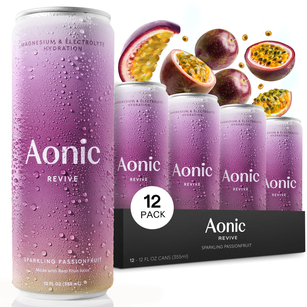 AONIC Revive sparkling passionfruit bottle showing real fruit juice and minerals for hydration.
