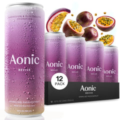 AONIC Revive sparkling passionfruit bottle showing real fruit juice and minerals for hydration.