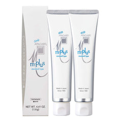 APAGARD M-Plus 2-pack toothpaste on a bathroom counter, fluoride-free, mild mint flavor