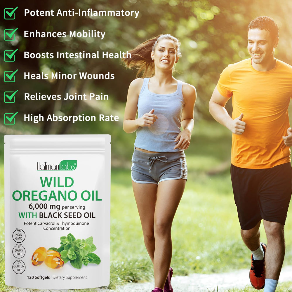 Non-GMO and gluten-free label on APCKFLEE Oregano Oil Capsules