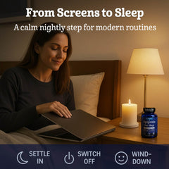 Evening wind-down scene with tea and a book for a sleep routine