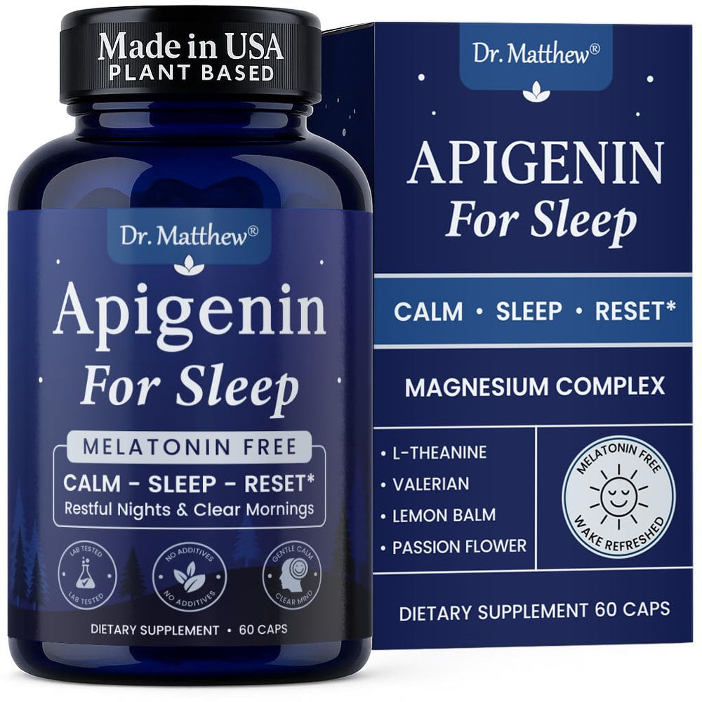 Apigenin Sleep Supplement bottle with label on white background