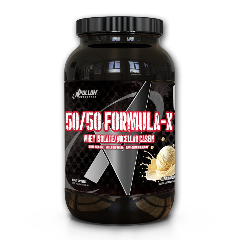 Apollon Nutrition Formula X bottle with scoop for post-workout protein fueling.