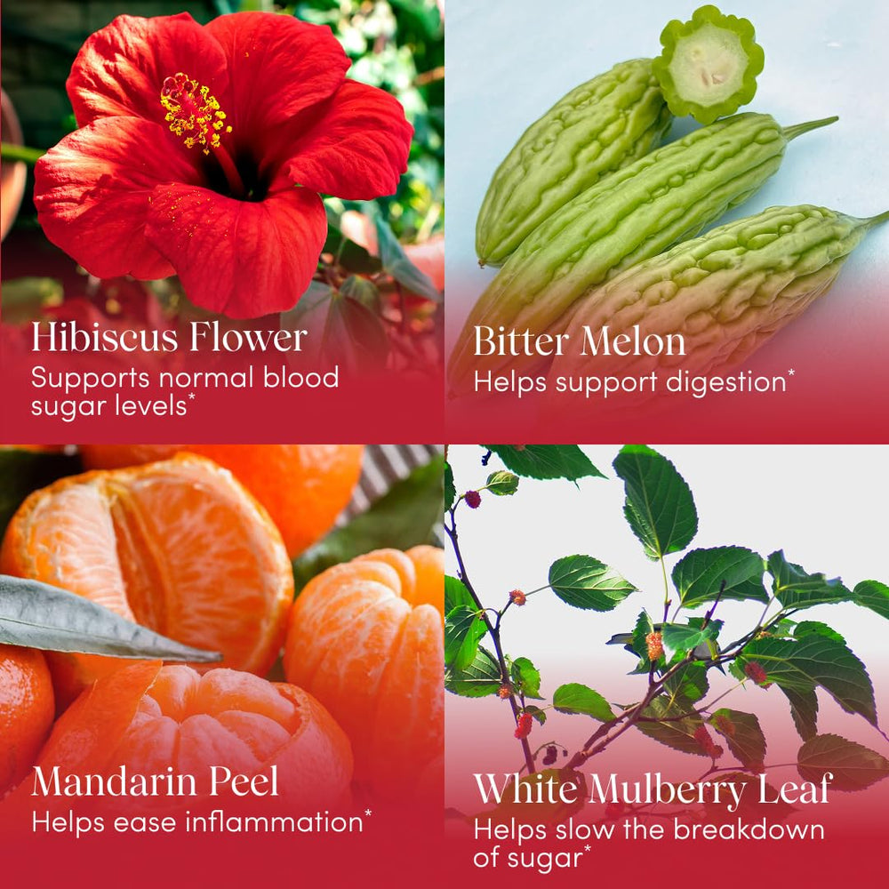 Herbal ingredients blend: Hibiscus, White Mulberries, Bitter Melon