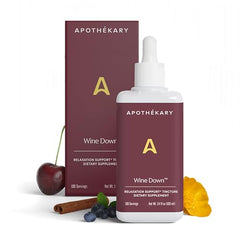 Apothekary Wine Down bottle with dropper on wooden surface