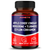 Bottle of Apple Cider Vinegar Berberine Turmeric Ceylon Cinnamon supplement with 150 vegetarian capsules, USA made.