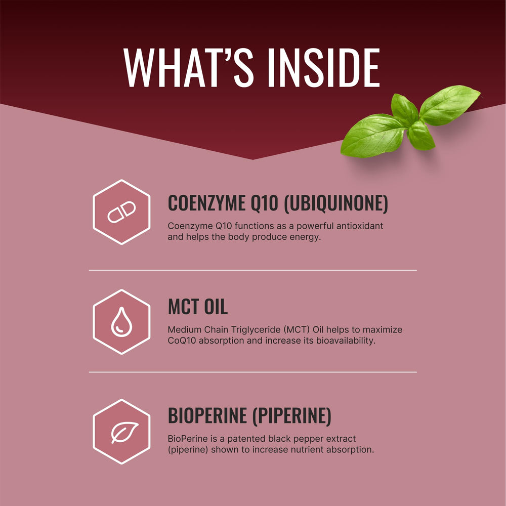 Close-up of CoQ10 MD 300mg capsules with BioPerine for absorption
