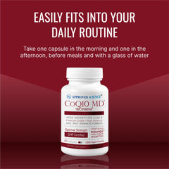 Bottle of 60 vegan capsules labeled Approved Science CoQ10 MD