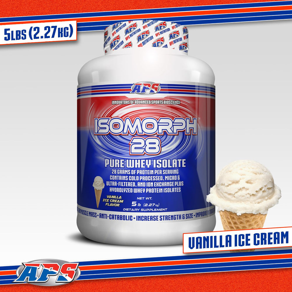 APS Nutrition Isomorph 28 tub on a kitchen counter for easy post-workout protein access.