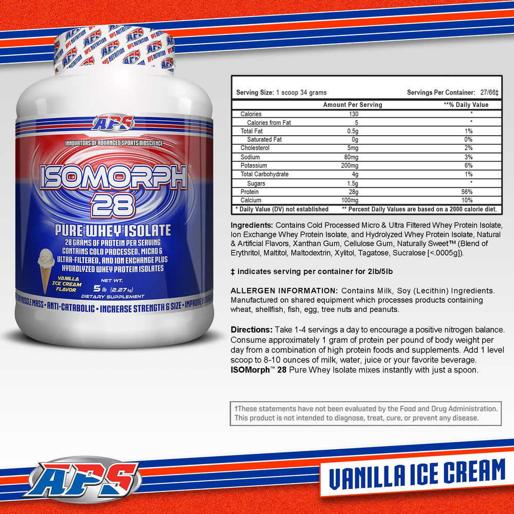 APS Nutrition Isomorph 28 vanilla ice cream flavor tub for creamy, low-fat protein shakes.