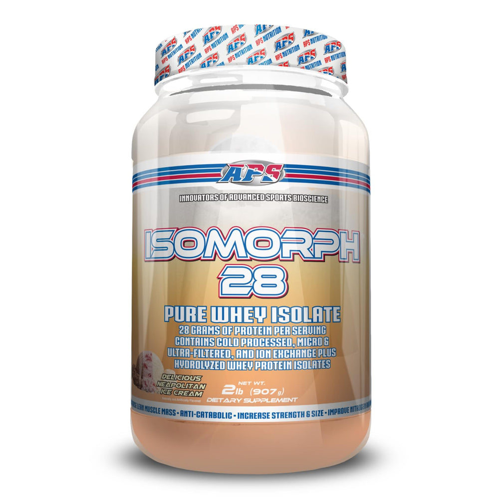 APS Nutrition Isomorph 28 whey bottle with Neapolitan flavor for clean protein on-the-go