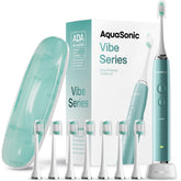 Front view of Aquasonic Vibe Series Mint Green Metallic toothbrush