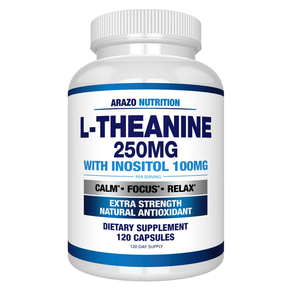 Front view of Arazo Nutrition L-Theanine 250mg Extra Strength with Inositol 100mg bottle