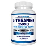 Front view of Arazo Nutrition L-Theanine 250mg Extra Strength with Inositol 100mg bottle