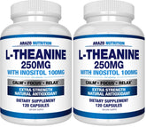 Product image: Arazo Nutrition L-Theanine 250mg with Inositol 100mg – bottle and pack (front view)
