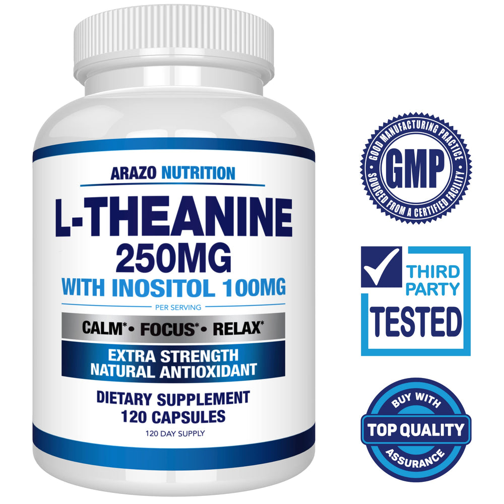 Label close-up: L-Theanine 250mg and Inositol 100mg ingredients