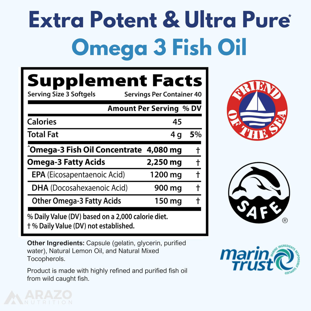 Arazo Nutrition lemon burpless softgels with clear labeling and high omega-3 content