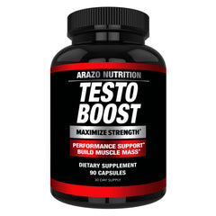Arazo Nutrition TestoBoost bottle with label highlighting natural ingredients for muscle support.