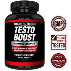 Arazo Nutrition TestoBoost capsules shown for convenient daily supplementation.