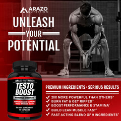 GMP-certified facility badge on Arazo Nutrition TestoBoost packaging signals quality.