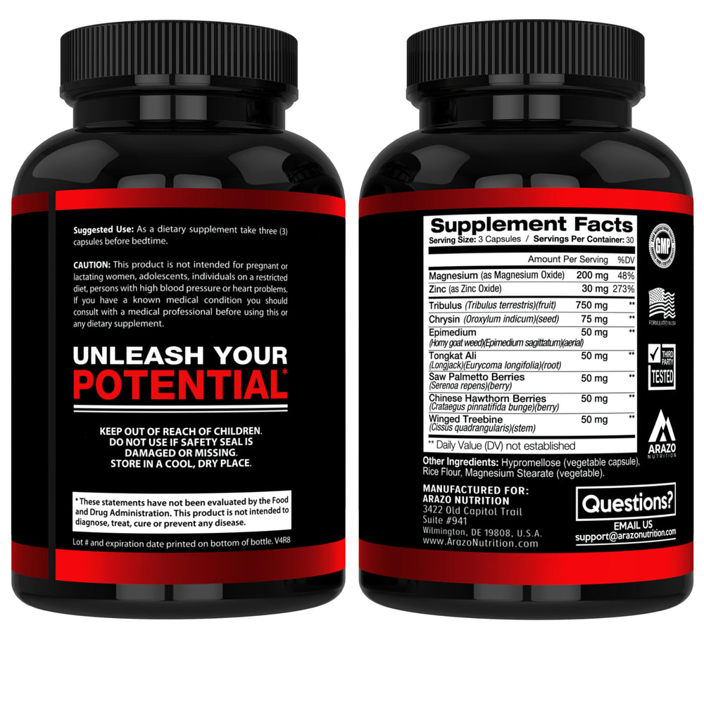 Arazo Nutrition TestoBoost ingredients panel features Tribulus and Epimedium for athletic support.